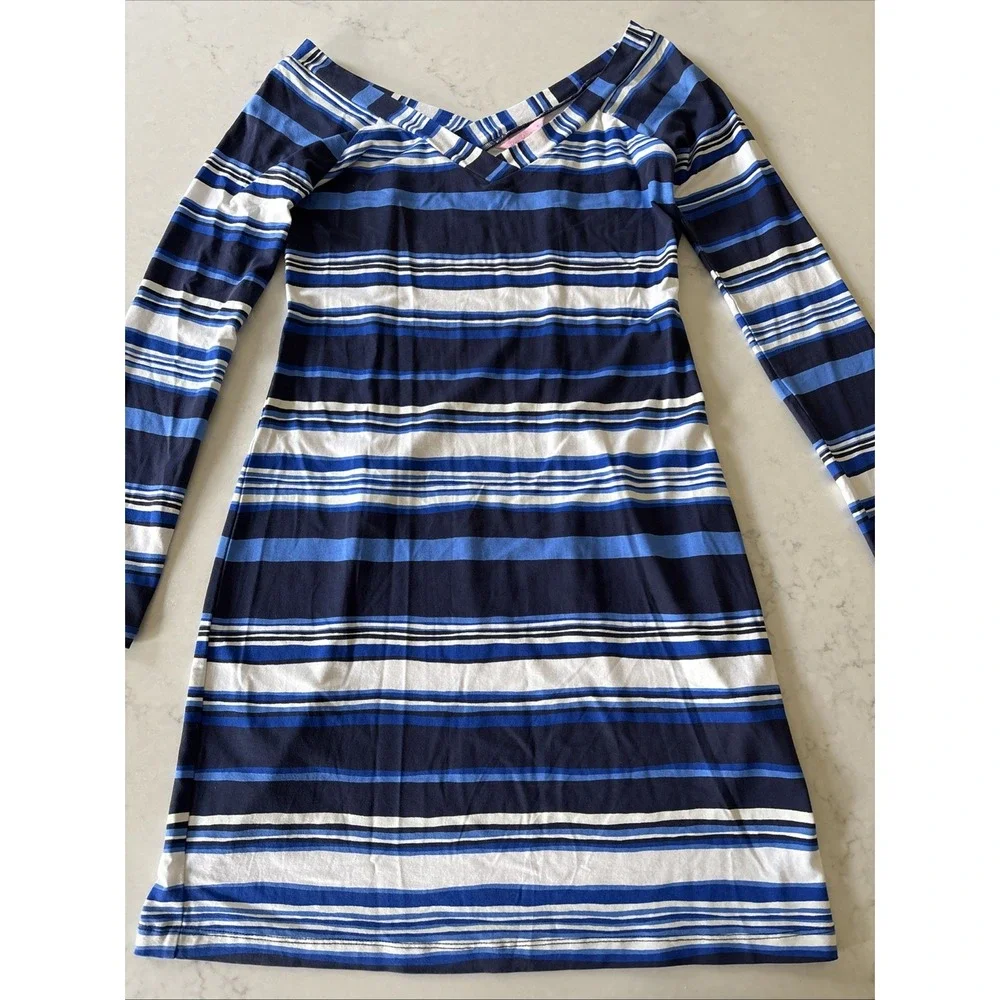 Lilly Pulitzer Dress Women's XS Blue White Stripe Suzanna Body Con Stretch Beach - Picture 1 of 4